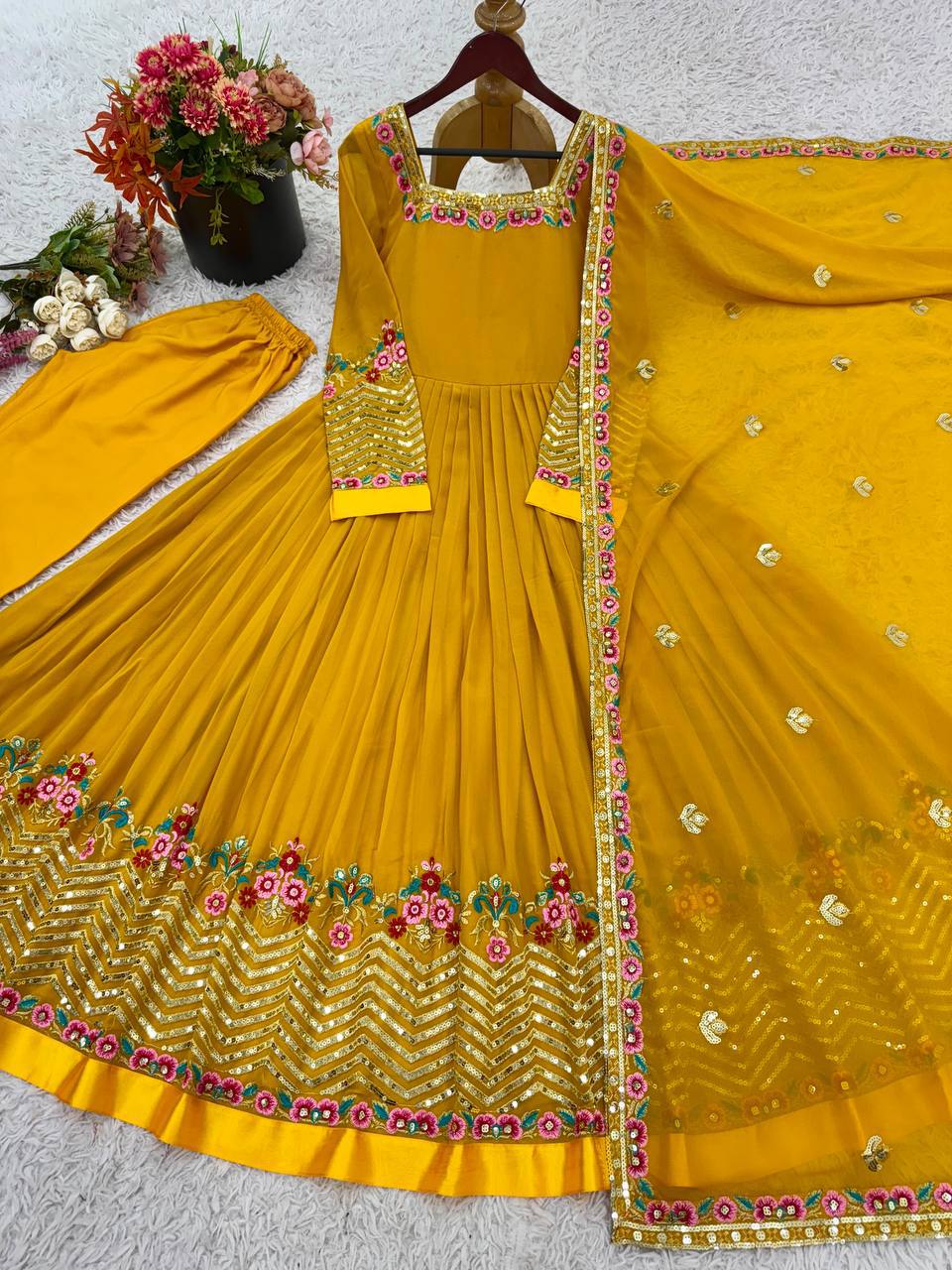 Yellow Georgette Anarkali Suit with Multi-Thread Embroidery