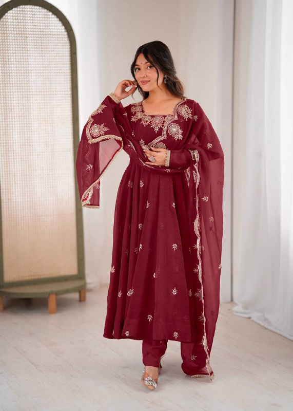 Maroon Crunchy Silk Anarkali Suit with Embroidered Sequence Work