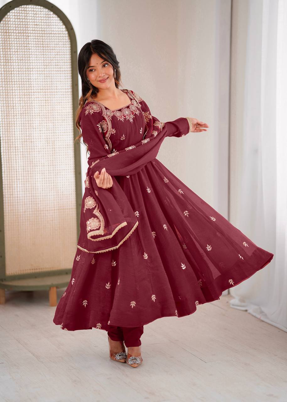 Maroon Crunchy Silk Anarkali Suit with Embroidered Sequence Work