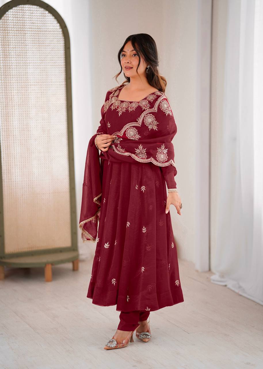 Maroon Crunchy Silk Anarkali Suit with Embroidered Sequence Work
