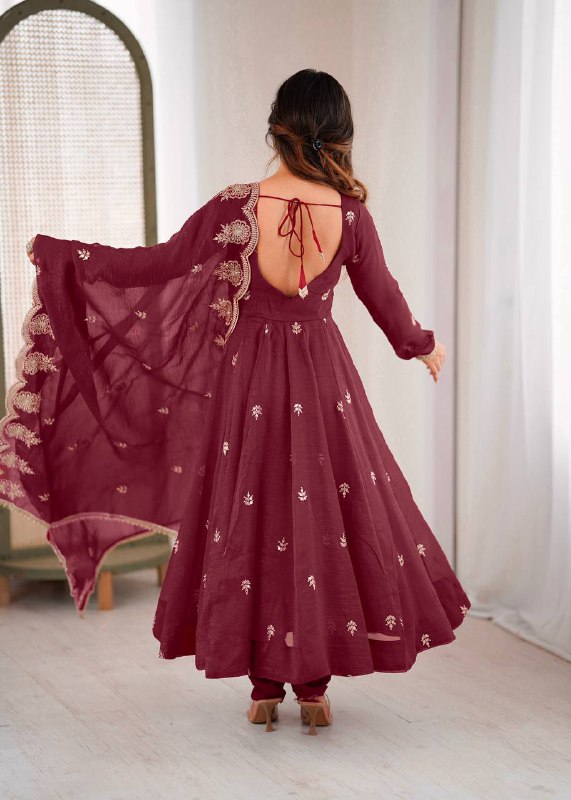 Maroon Crunchy Silk Embroidered Anarkali Suit with Sequence