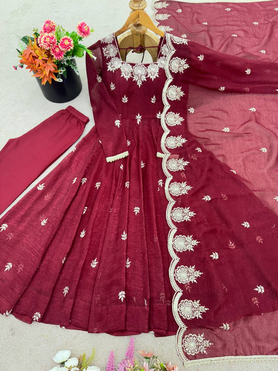 Maroon Crunchy Silk Embroidered Anarkali Suit with Sequence