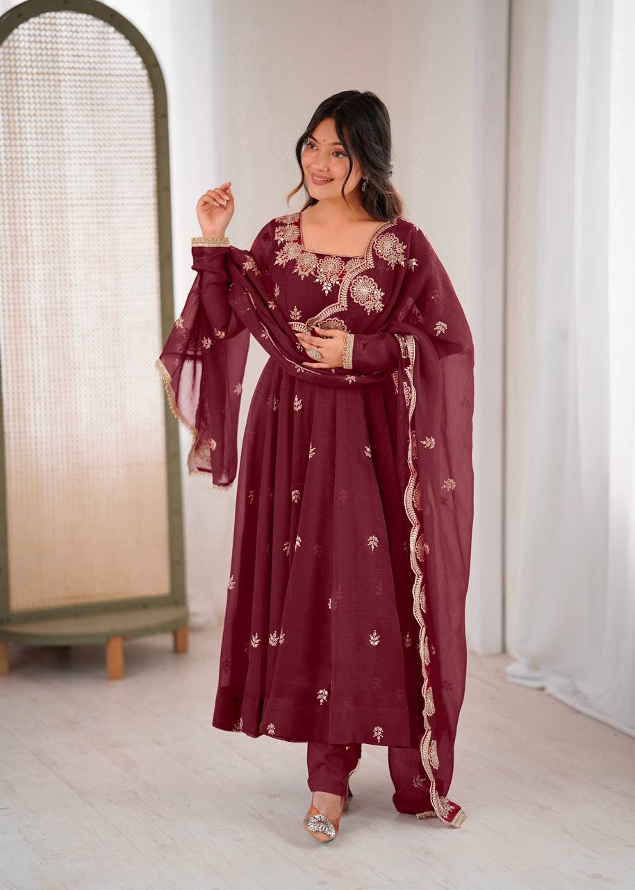 Maroon crunchy silk Anarkali suit with embroidered sequence detailing