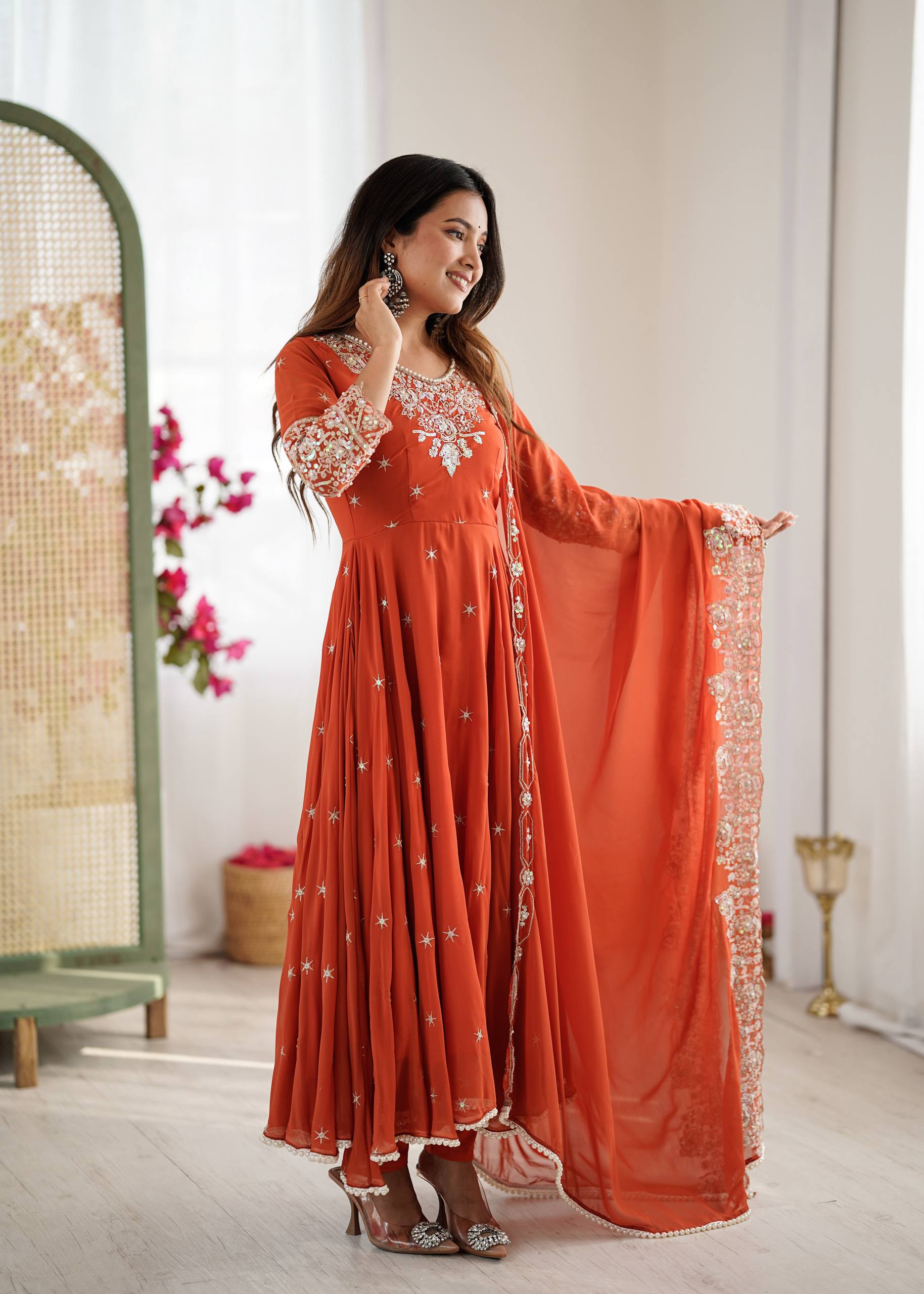 Red Georgette Embroidered Anarkali Suit with Moti Work