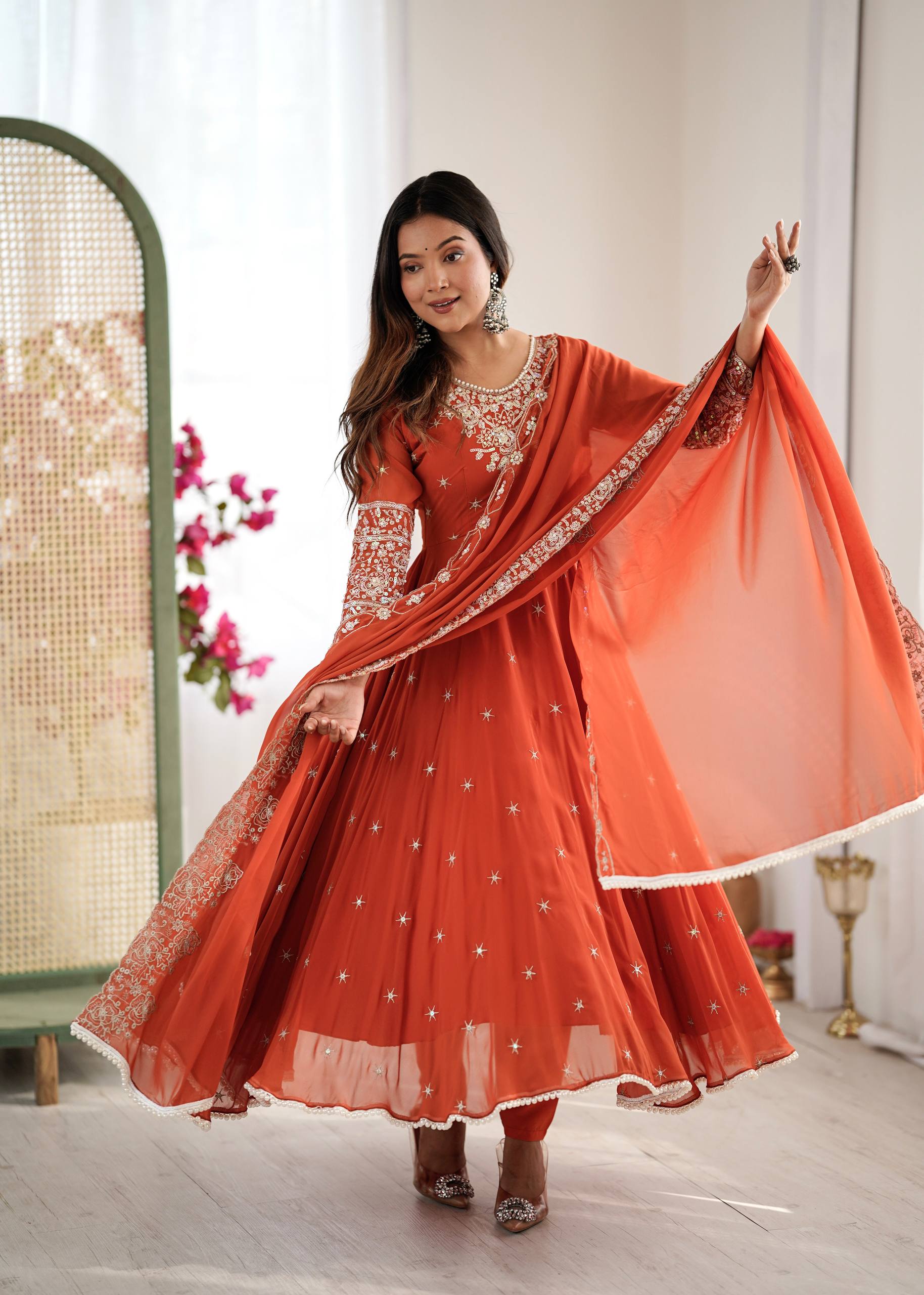 Red Georgette Embroidered Anarkali Suit with Moti Work