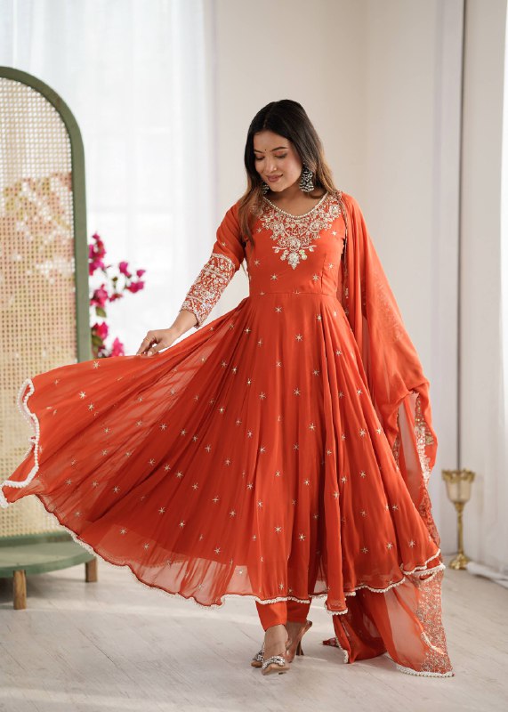 Red Georgette Embroidered Anarkali Suit with Moti Work