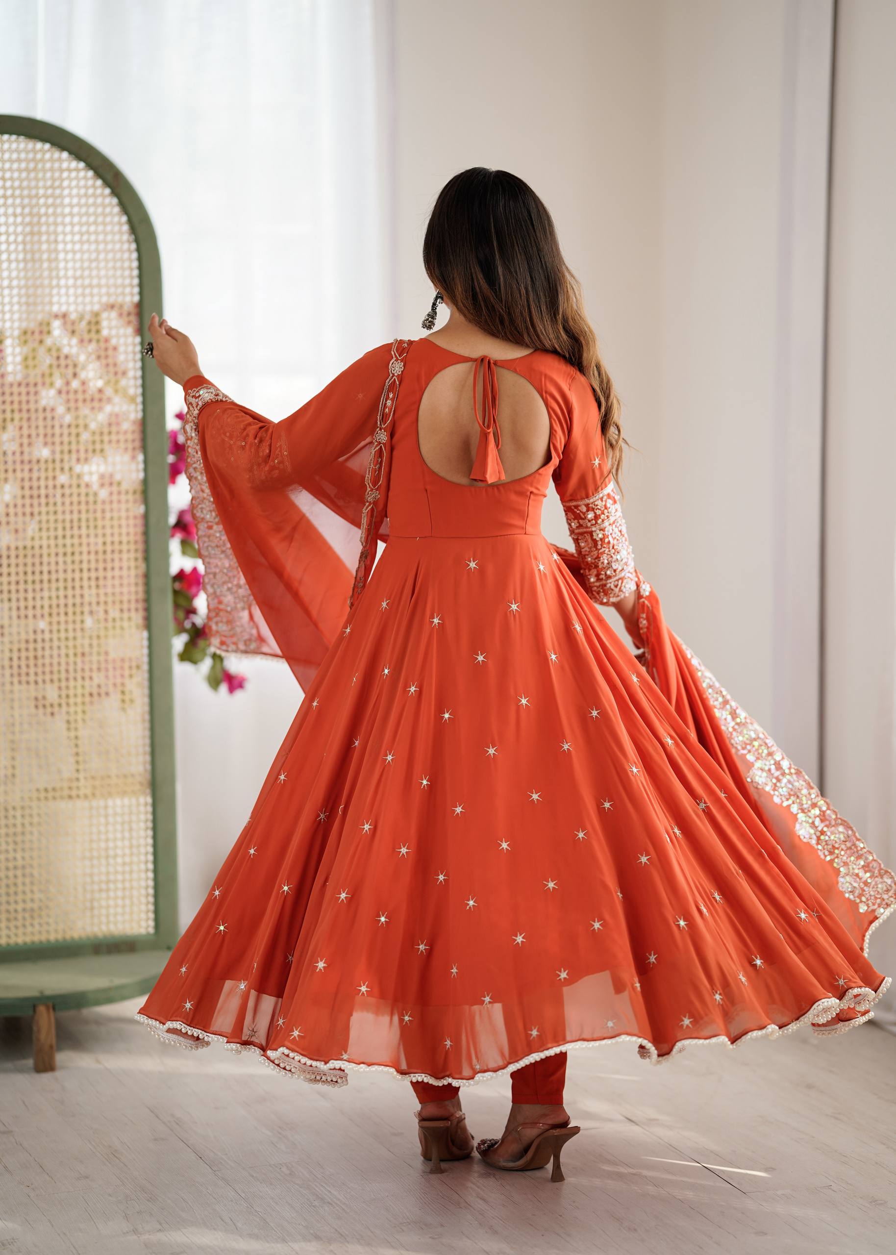 Red Georgette Anarkali Gown with Moti and Rainbow Sequence