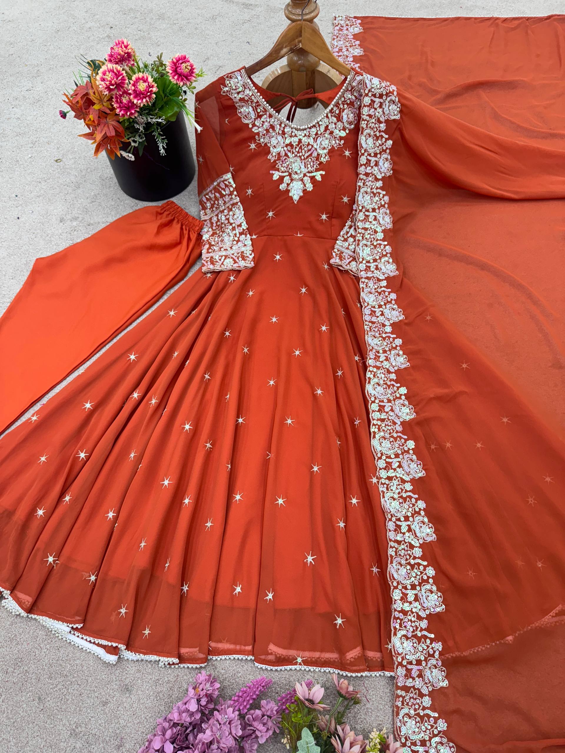 Red Georgette Anarkali Gown with Moti and Rainbow Sequence