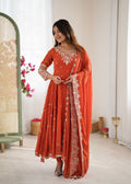 Red Georgette Anarkali gown with rainbow sequence embroidery and Moti work