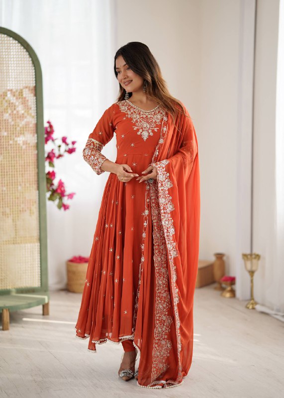 Red Georgette Anarkali gown with rainbow sequence embroidery and Moti work