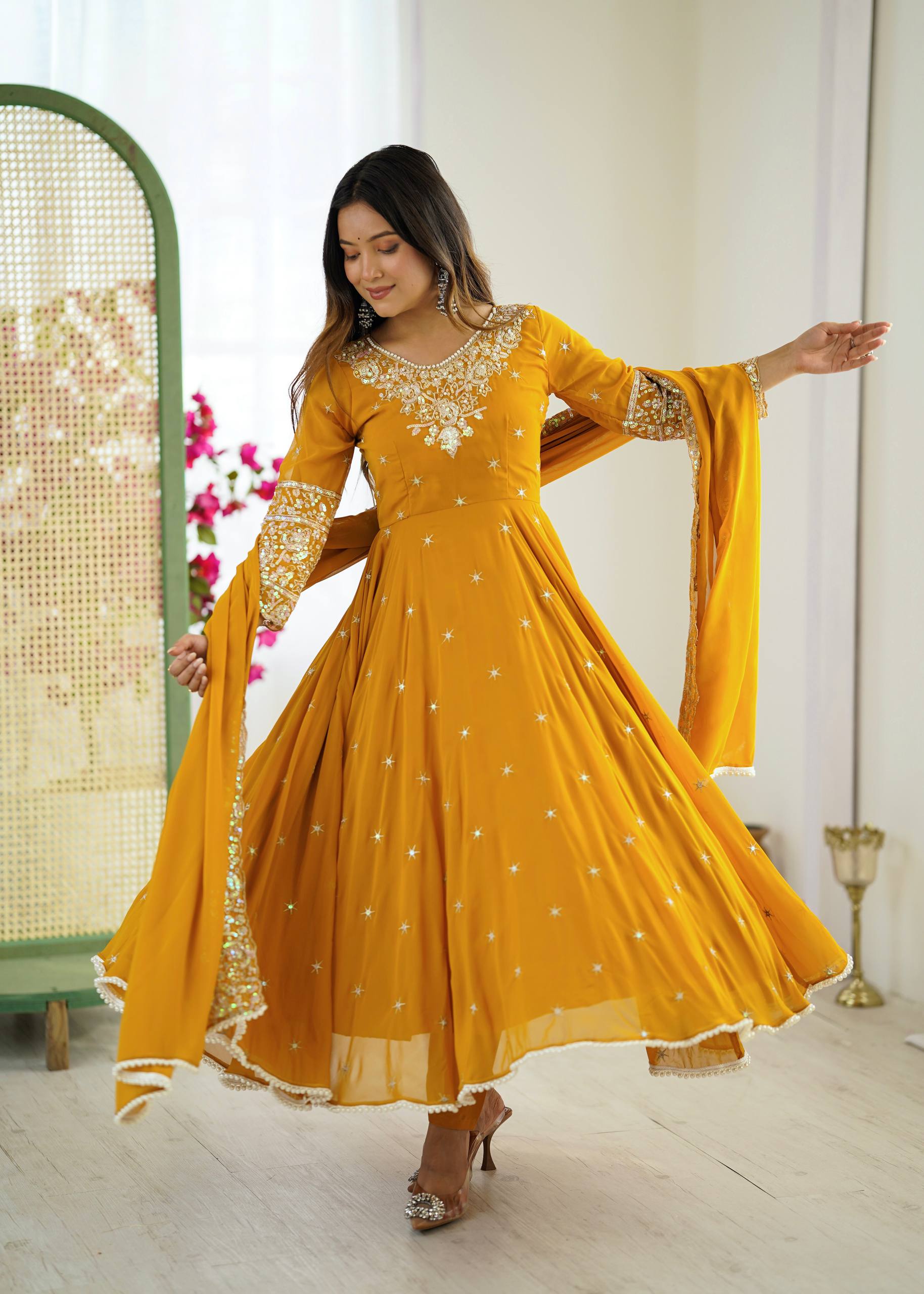 Yellow Georgette Anarkali Suit with Heavy Moti Embroidery Work