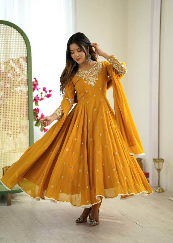 Yellow Georgette Anarkali Suit with Heavy Moti Embroidery Work