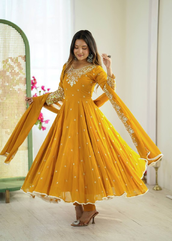 Yellow Georgette Anarkali Suit with Heavy Moti Embroidery Work