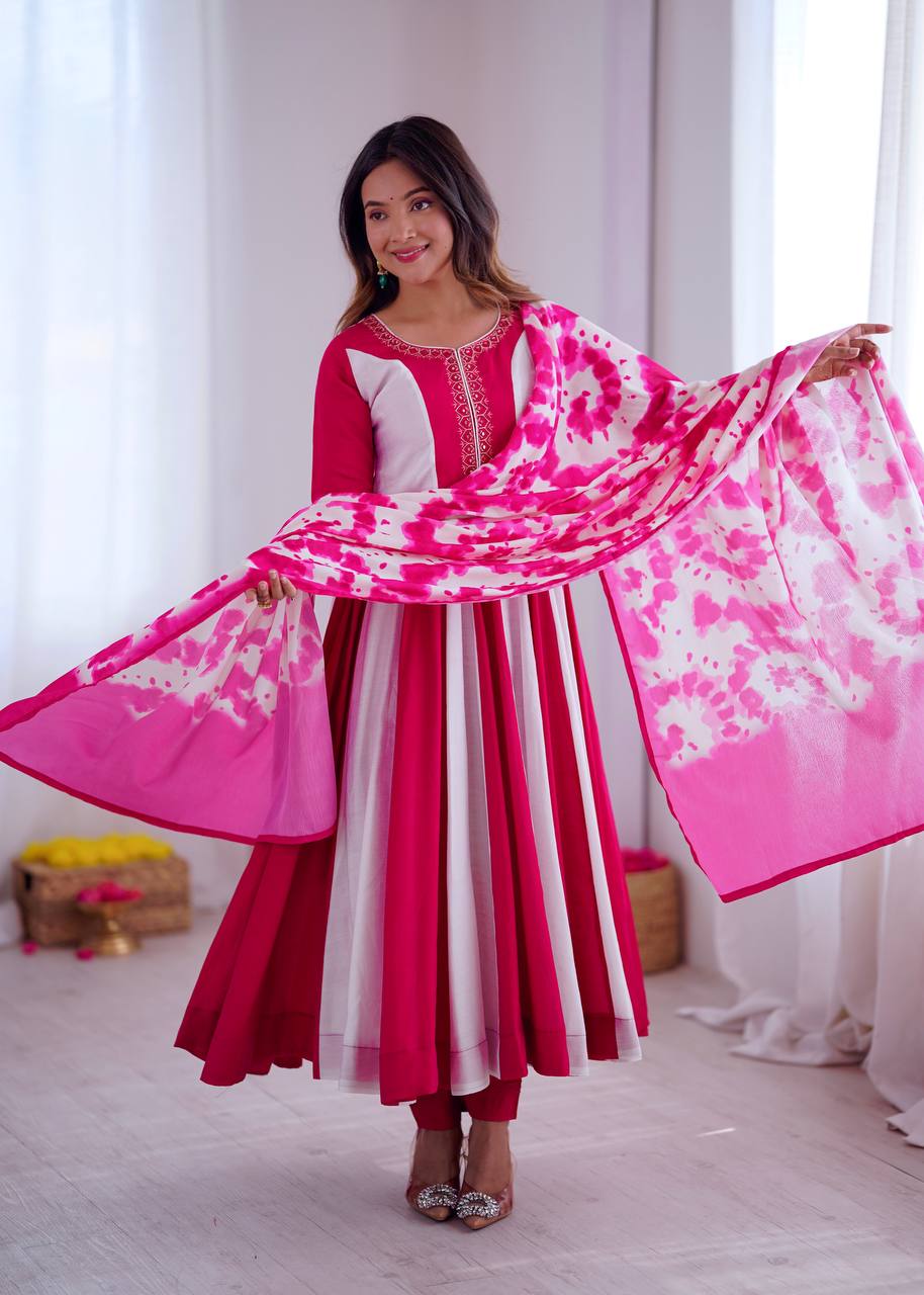 Prazu Fashion Pink And White Roman Silk Embroidery With Digital Print Work Kurta Suit