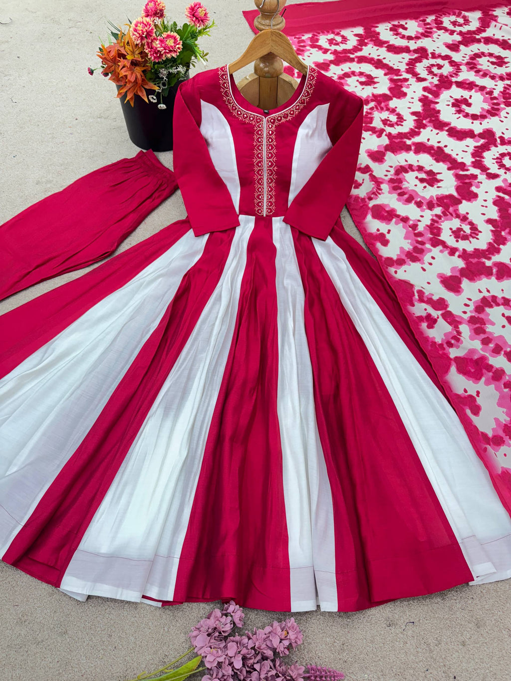 Prazu Fashion Pink And White Roman Silk Embroidery With Digital Print Work Kurta Suit