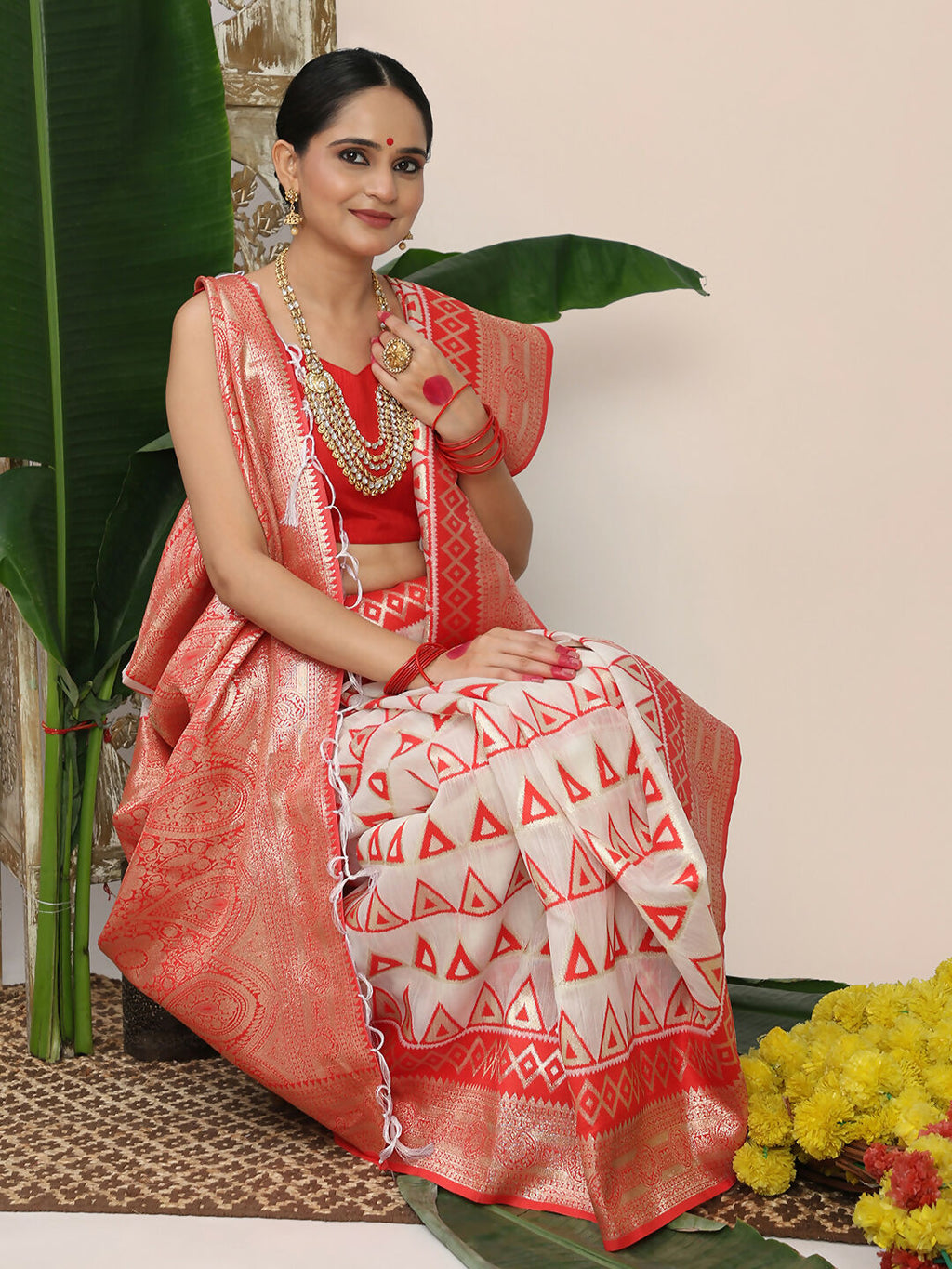 Shree Shyam Fashion Linen Cotton Red & White Saree