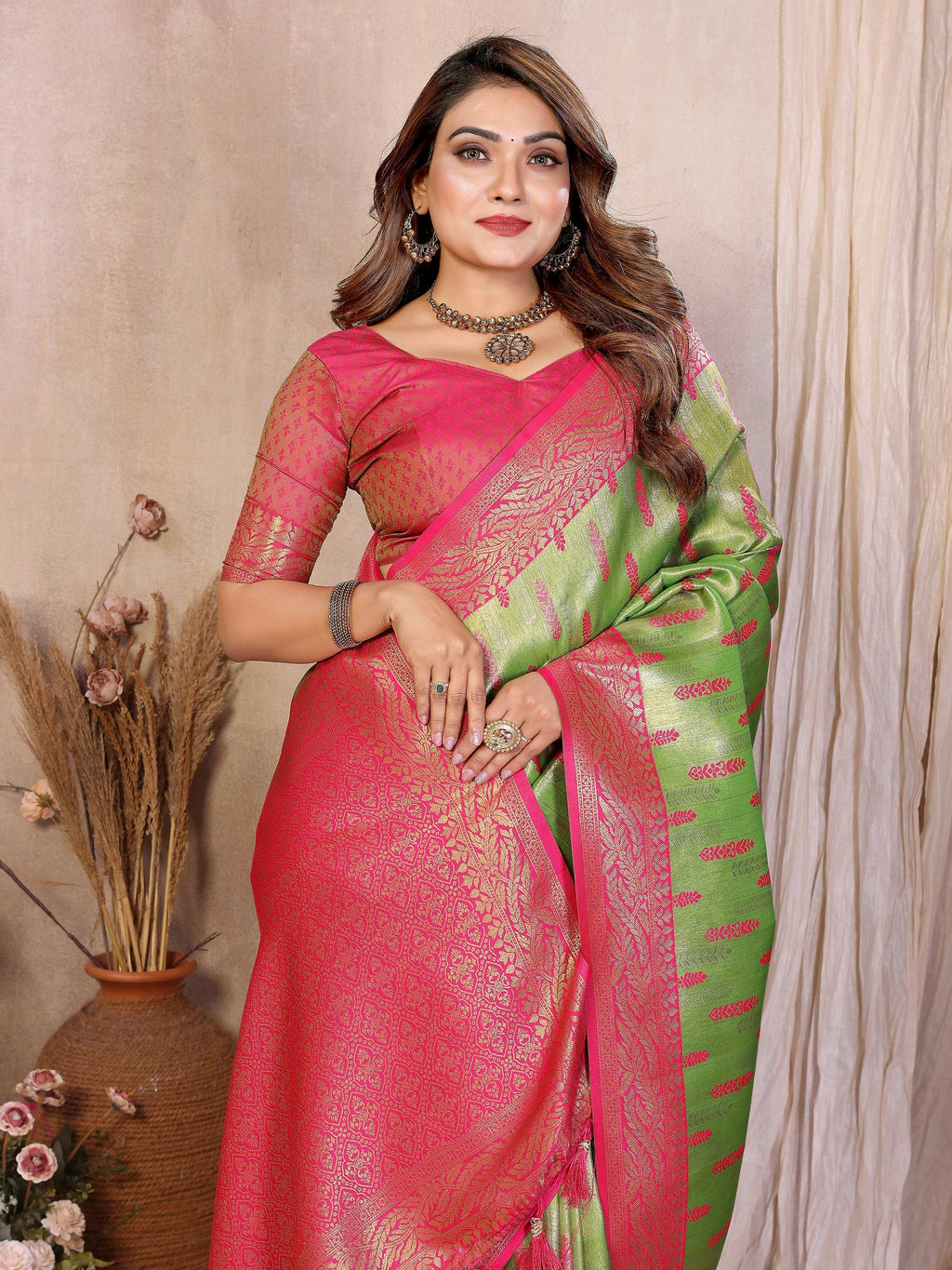Pista Green Tissue Silk Paithani Woven Saree with Pink Blouse
