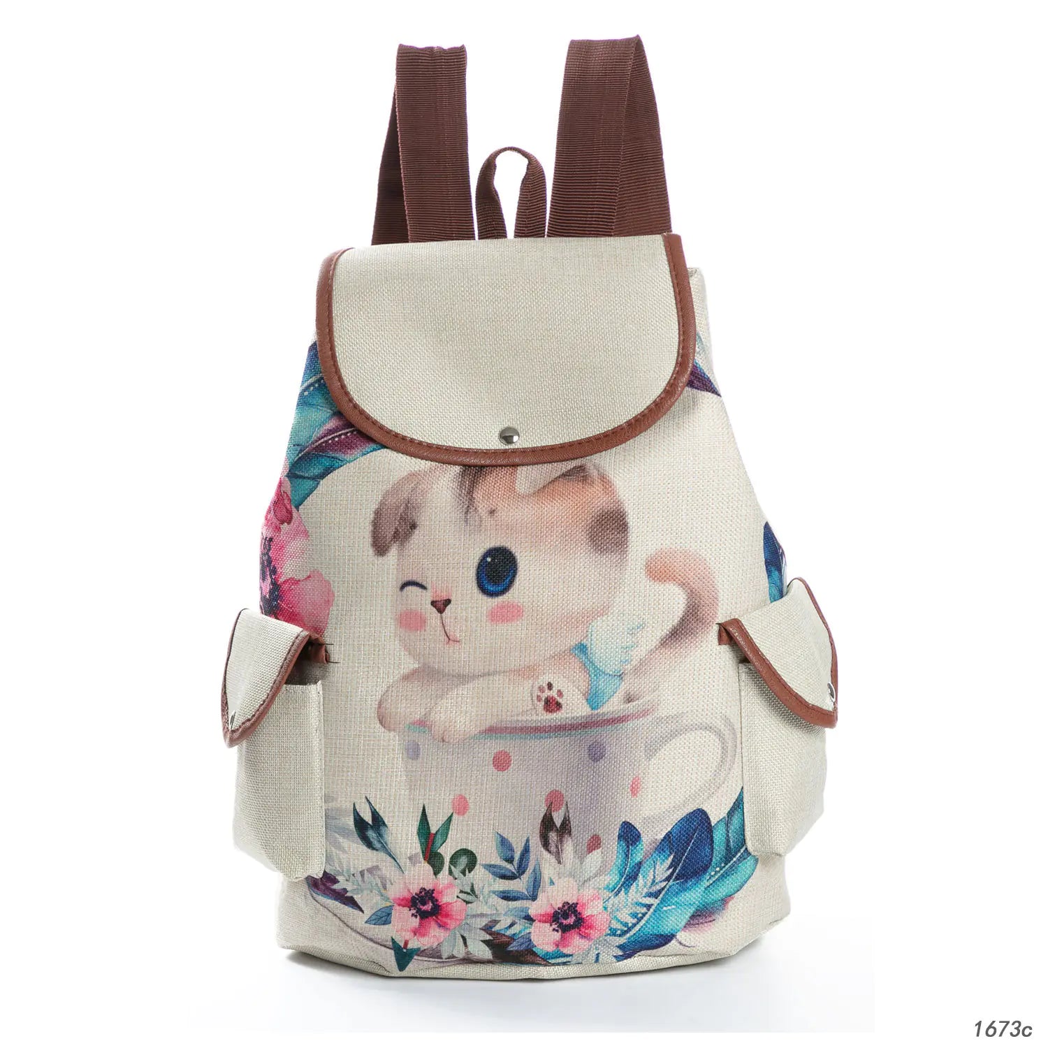 Cat Print Student Backpack, Linen Women's Backpack