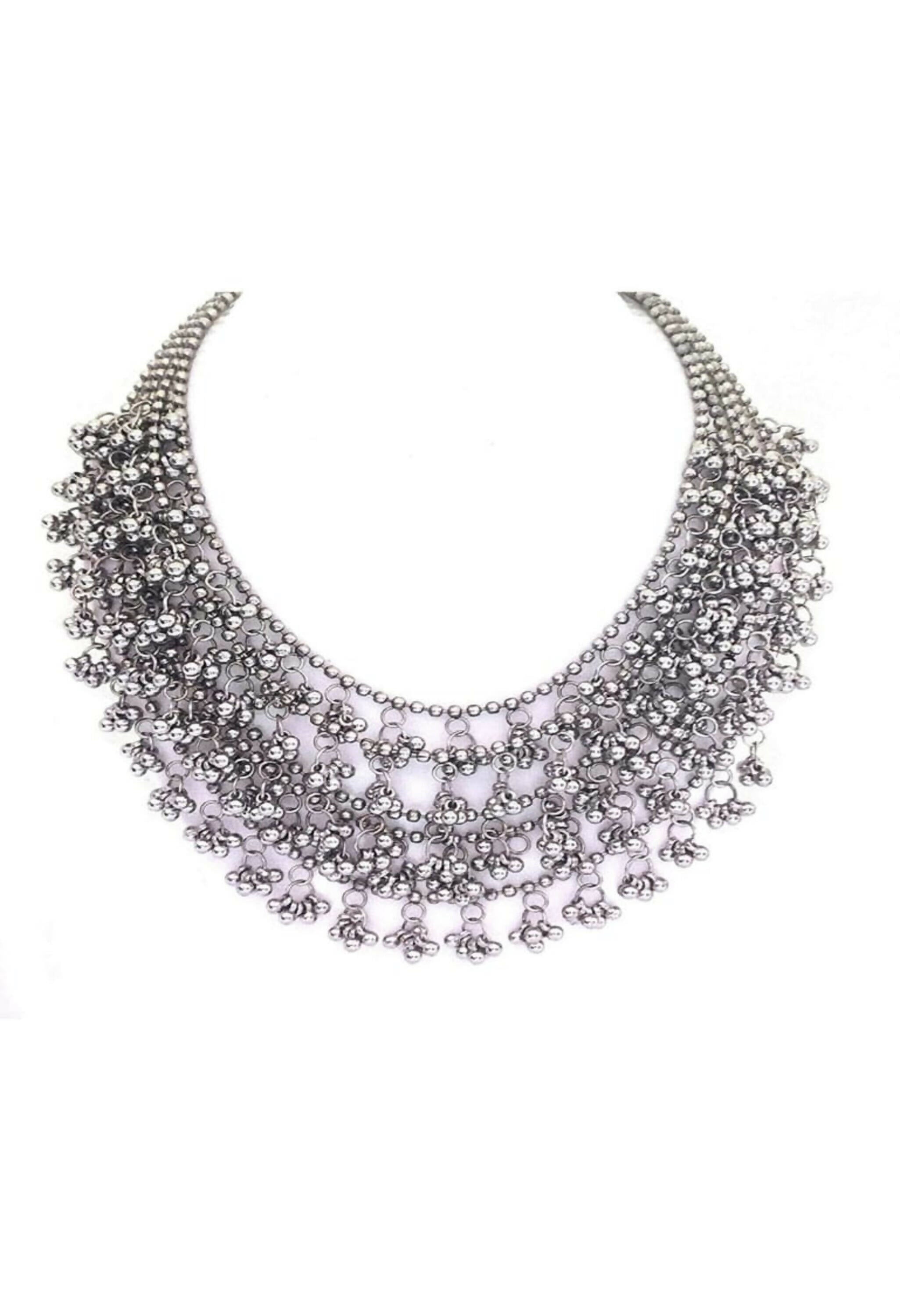 Oxidised Silver-Plated Brass Ghungroo Long Necklace with Earrings