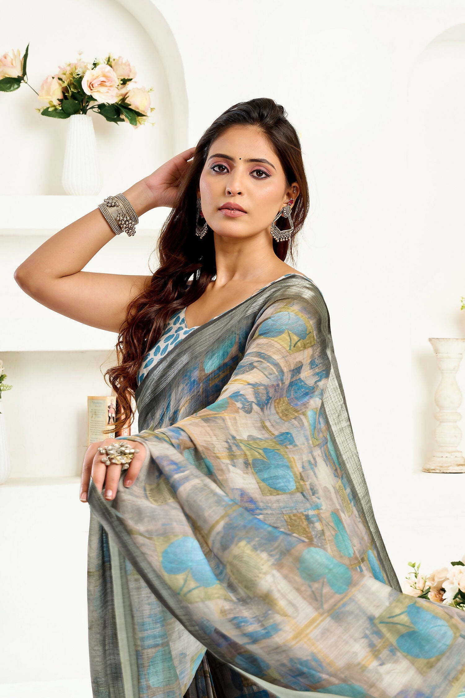 Dusty Brown Floral Ethnic Motif Linen Ready to Wear Saree