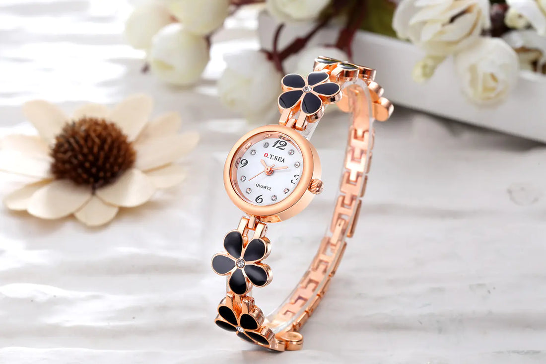 Women's Rose Gold Quartz Bracelet Watch with Floral Links - Image 4