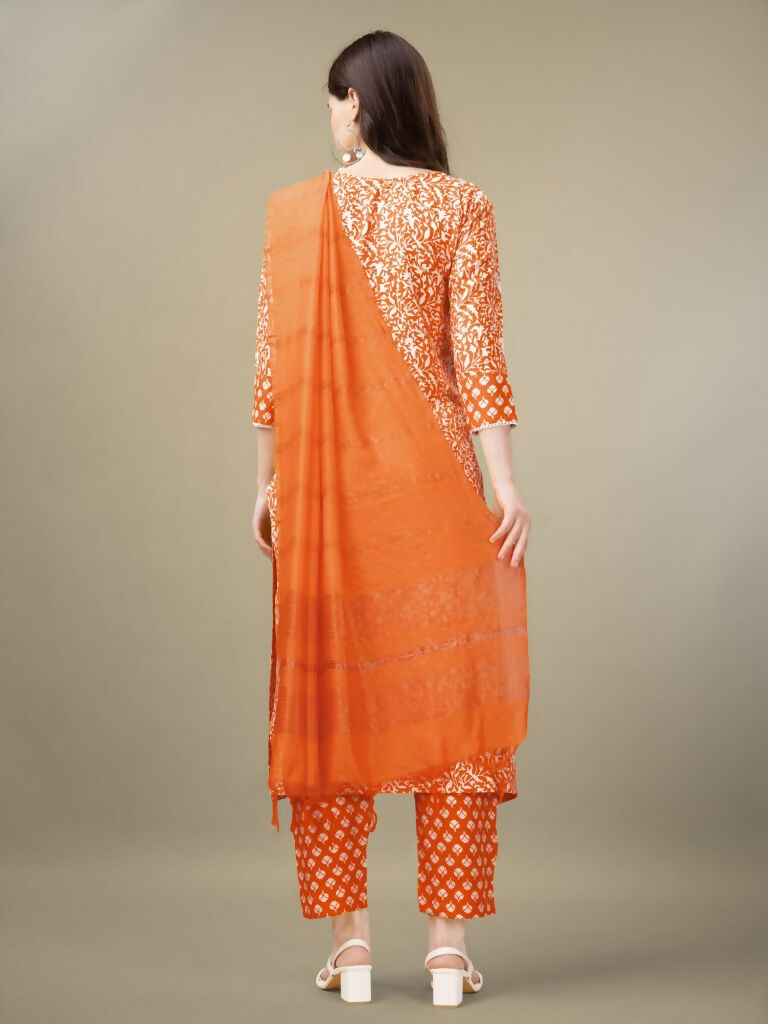 Women's Orange Rayon Straight Kurta Set with Embroidery & Dupatta