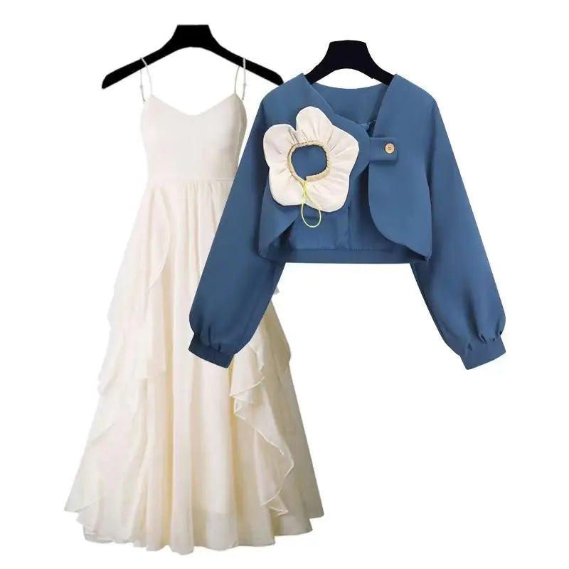 Women's Blue Cropped Jacket and White Suspender Dress Two-Piece Set - Image 2