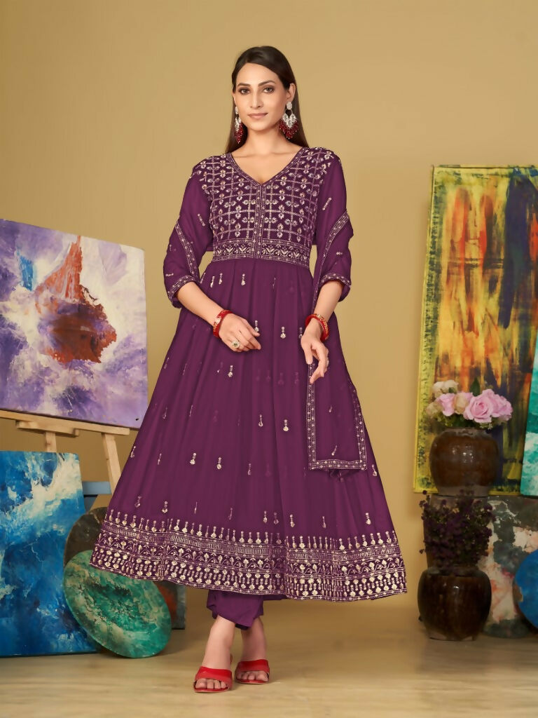 Purple Georgette Embroidered Anarkali Kurta Pant Set
