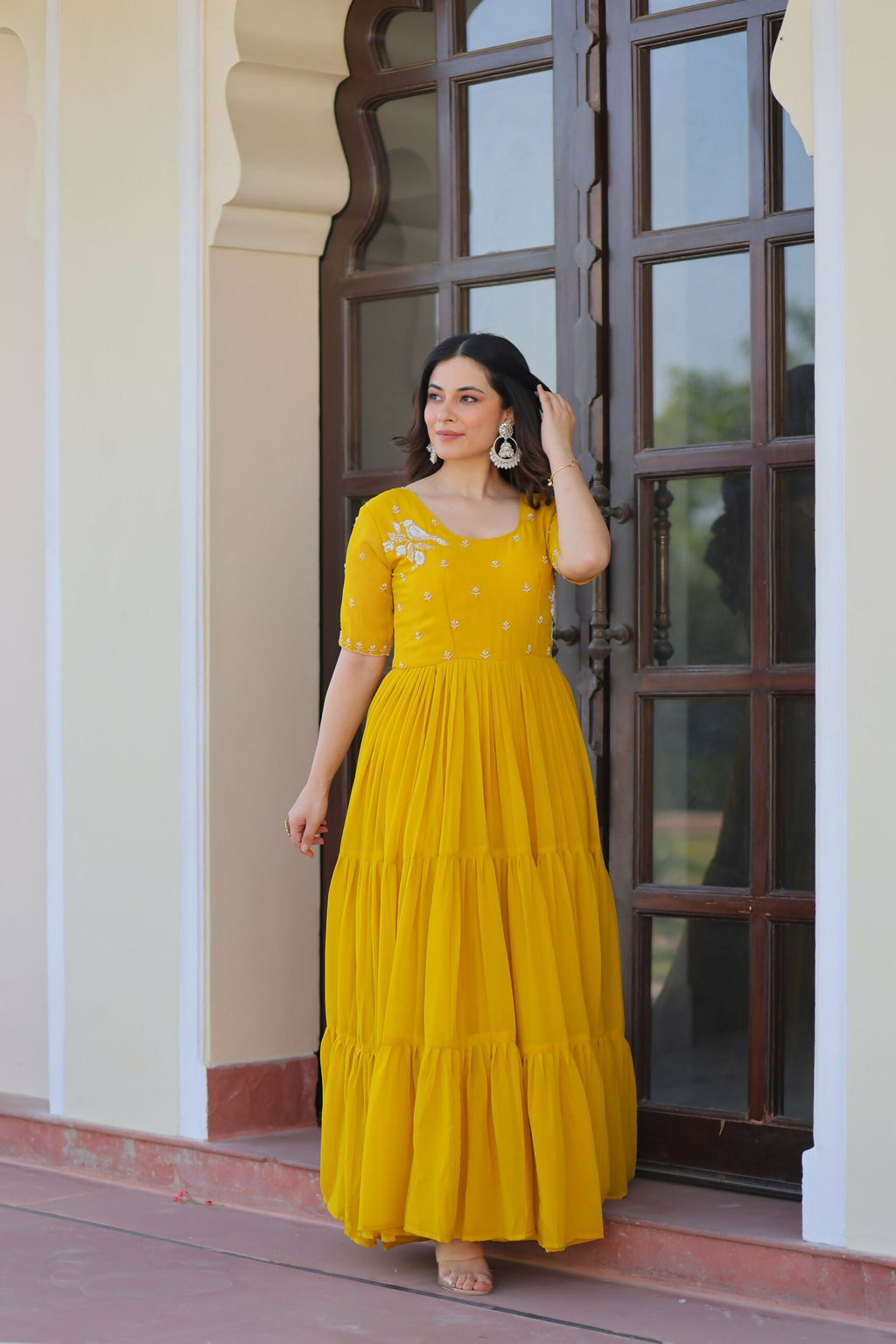 Joban Fashion Yellow Georgette Sequence Embroidery Work Gown