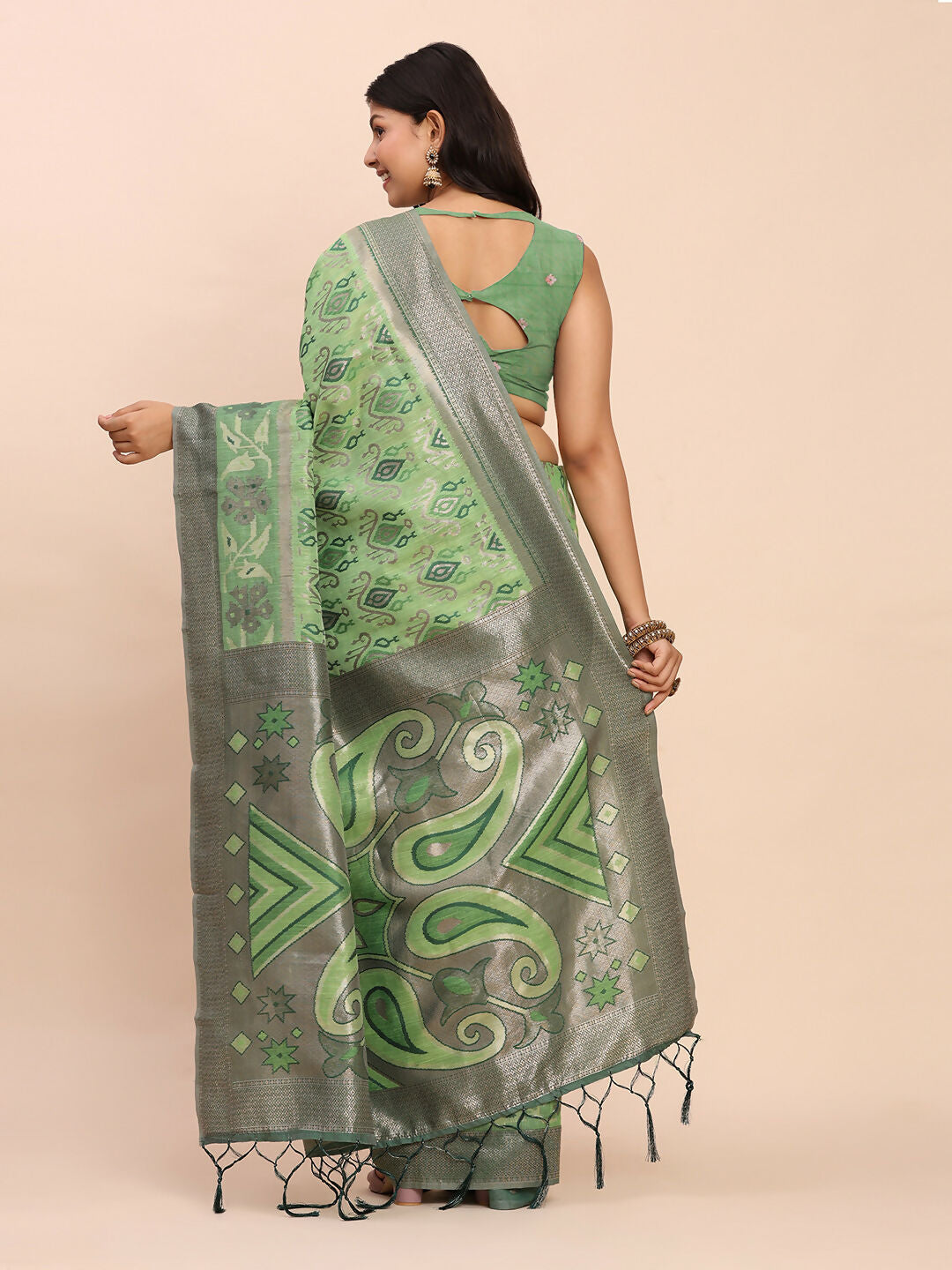 Green Linen Cotton Saree with Matching Blouse Piece