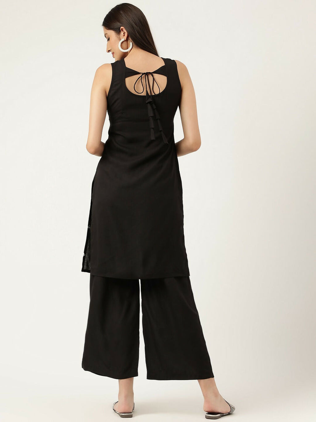 Black Rayon Straight Kurta and Bottom Set with Embroidered Work