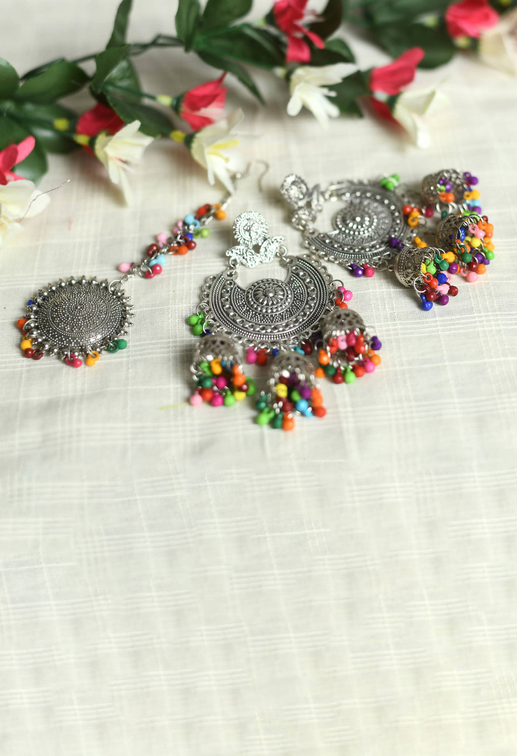 Silver and Multicolor Jhumka Earrings with Maang Tikka Set