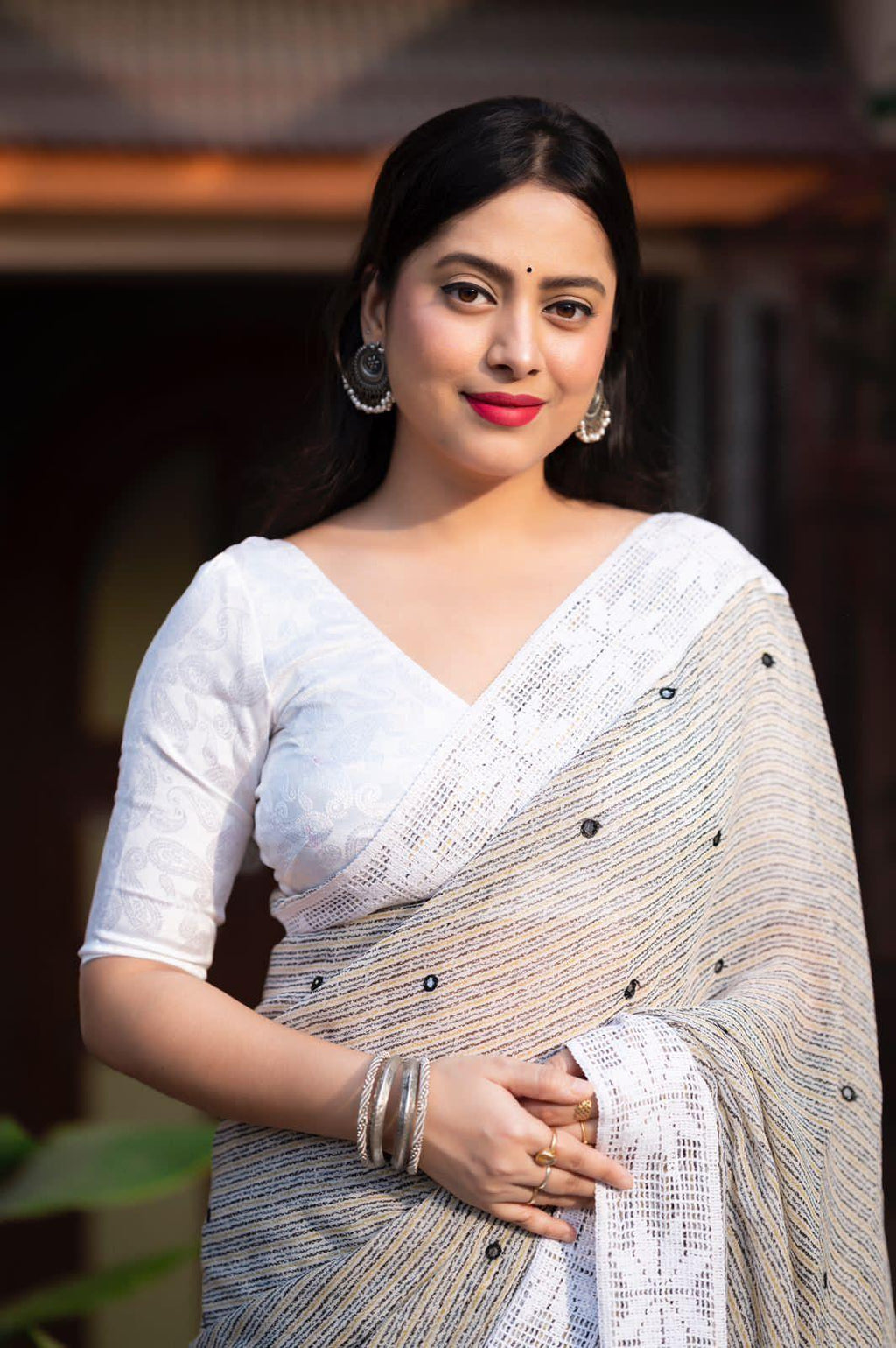 Grey Poly Georgette Saree with Aari Mirror Border