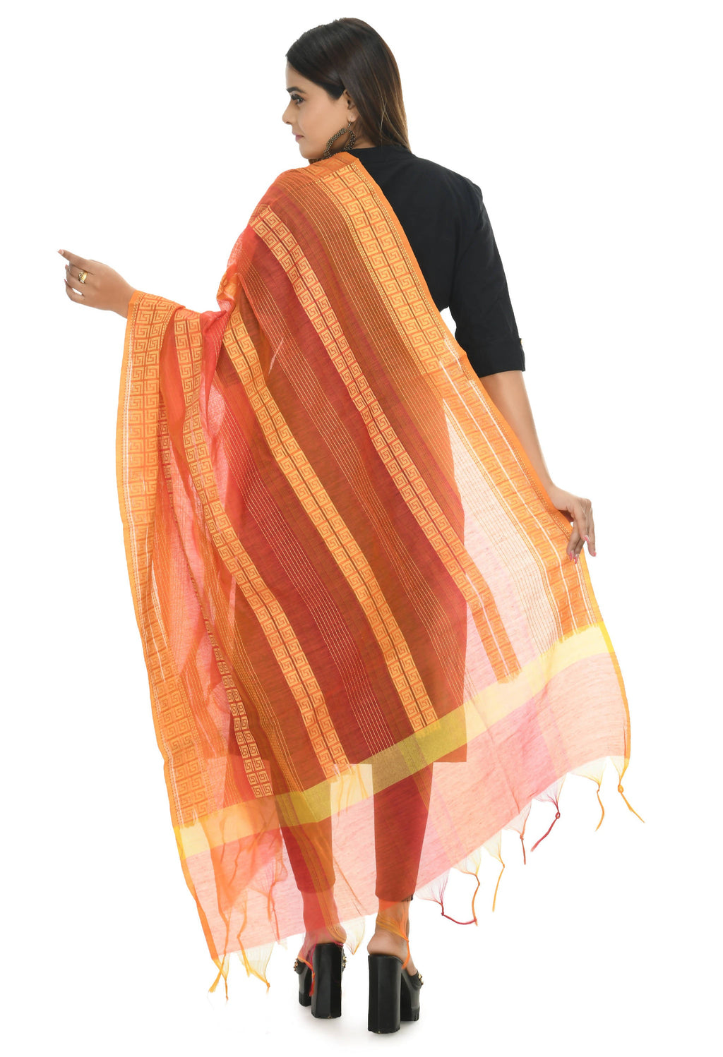Orange Tone Handloom Cotton Dupatta - Traditional Ethnic Stole