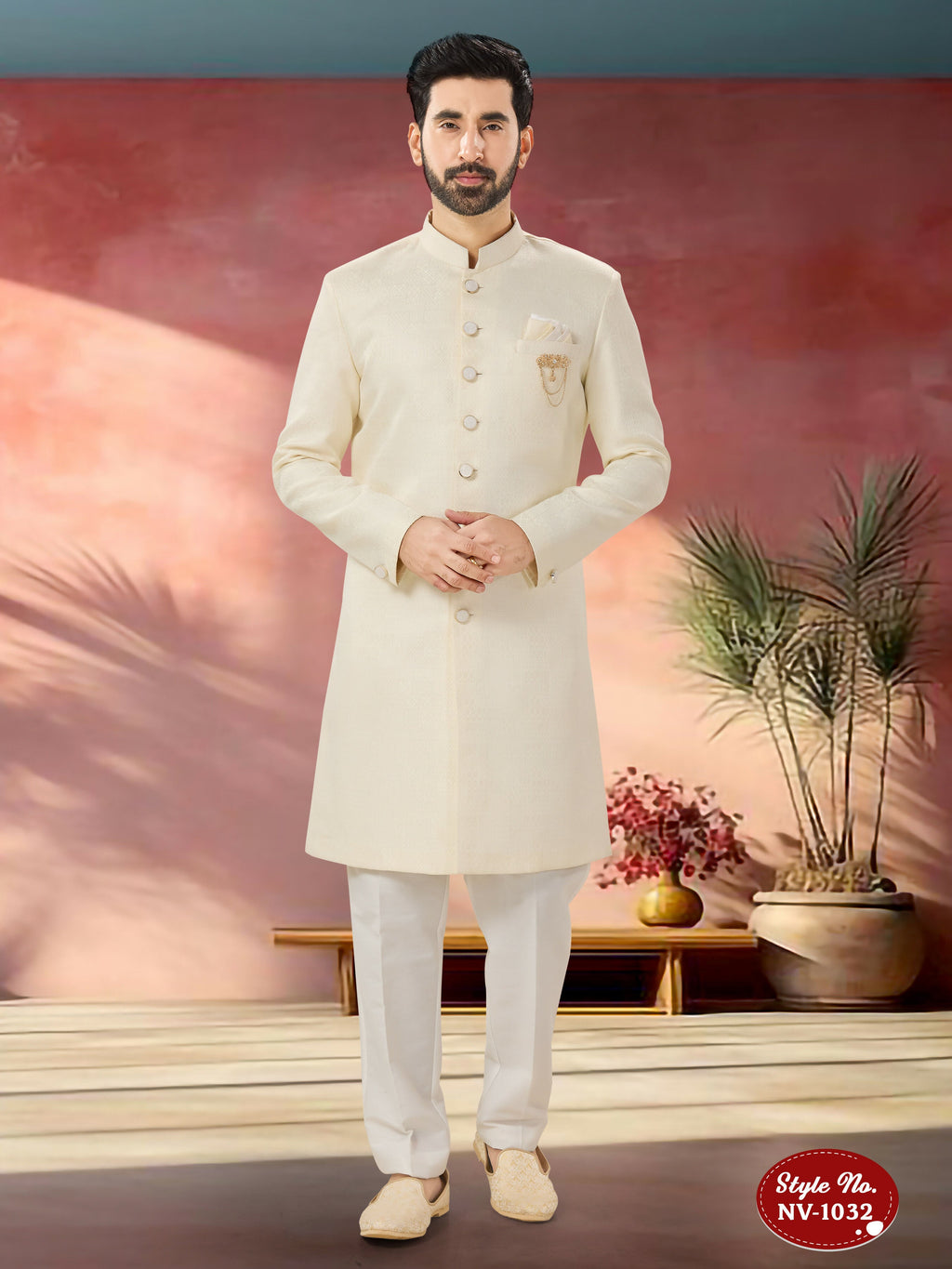 Men's white straight Indo-Western kurta set with self-design pattern in imported TR fabric