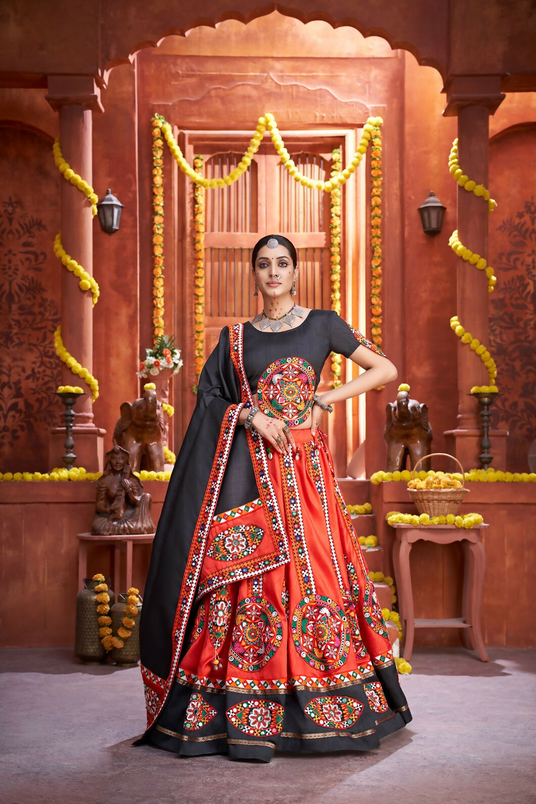 Red art silk lehenga choli with black blouse for Navratri festive wear