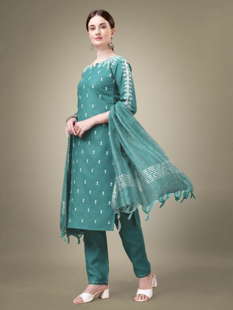 Women's Teal Cotton Blend Straight Kurta Set with Sequence Work