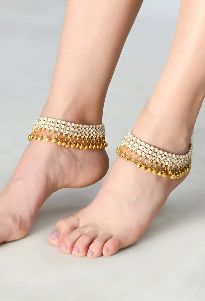 Gold-Polished Pearls Traditional Anklets for Elegant Styling