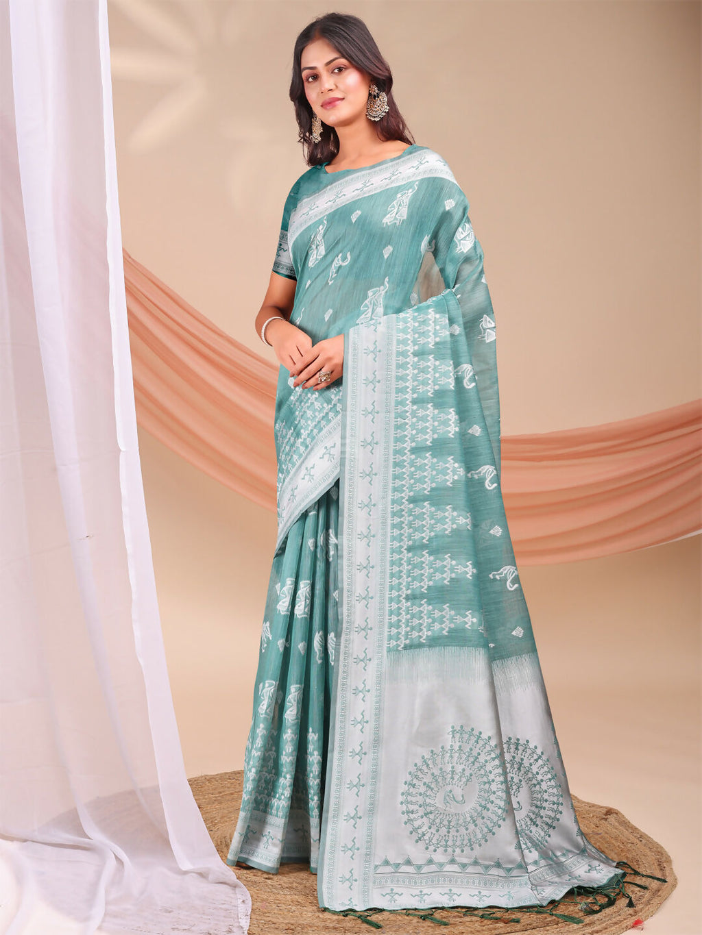 Varnika Sea Green Linen Cotton Saree with Matching Blouse Piece