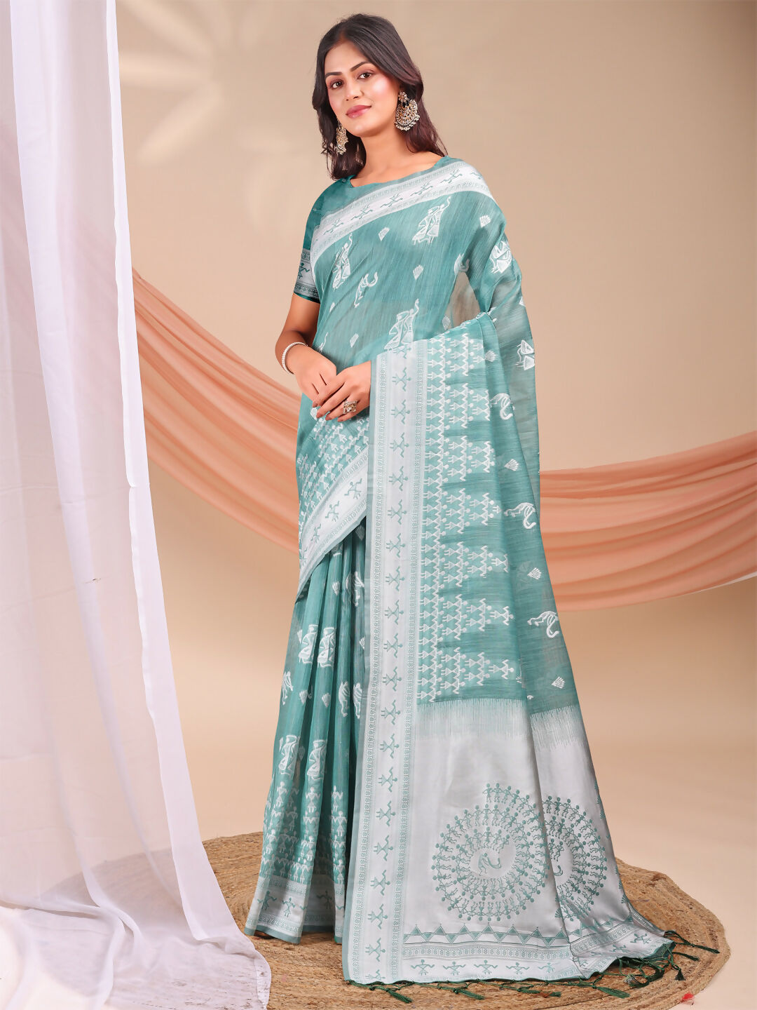 Varnika Sea Green Linen Cotton Saree with Matching Blouse Piece