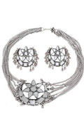 Silver-toned Mangalsutra necklace featuring intricate mirror work details