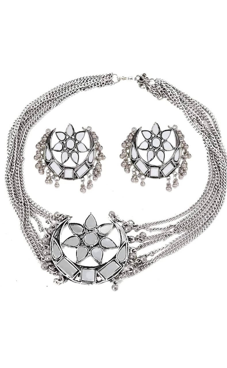 Silver-toned Mangalsutra necklace featuring intricate mirror work details