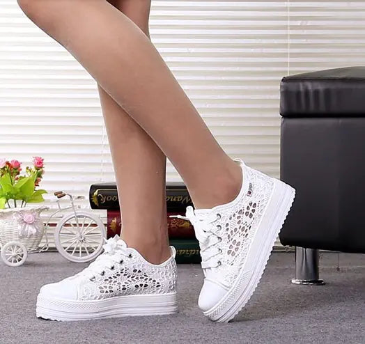 Women's White Lace Platform Sneakers Breathable Casual Shoes - Image 10