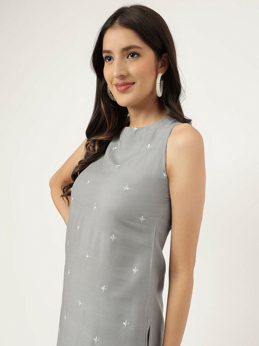 Grey Rayon Straight Kurta and Bottom Set with Embroidered Work