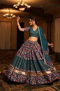 Rama crepe floral lehenga choli with gold and maroon accents for Navratri