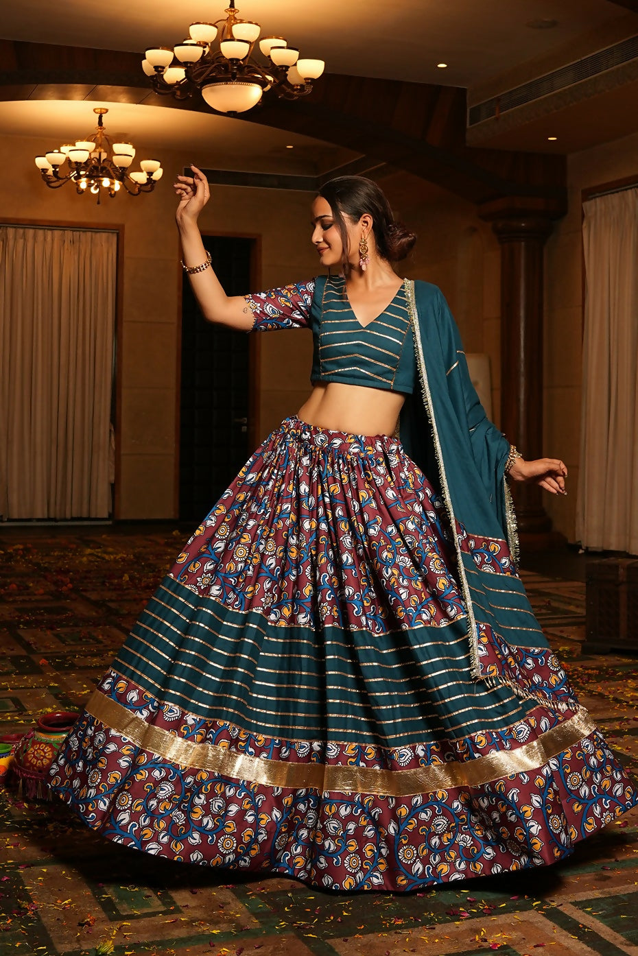 Rama crepe floral lehenga choli with gold and maroon accents for Navratri