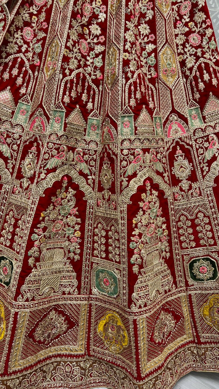 Red Velvet Bridal Lehenga Choli with Dori & Diamond Embroidery
