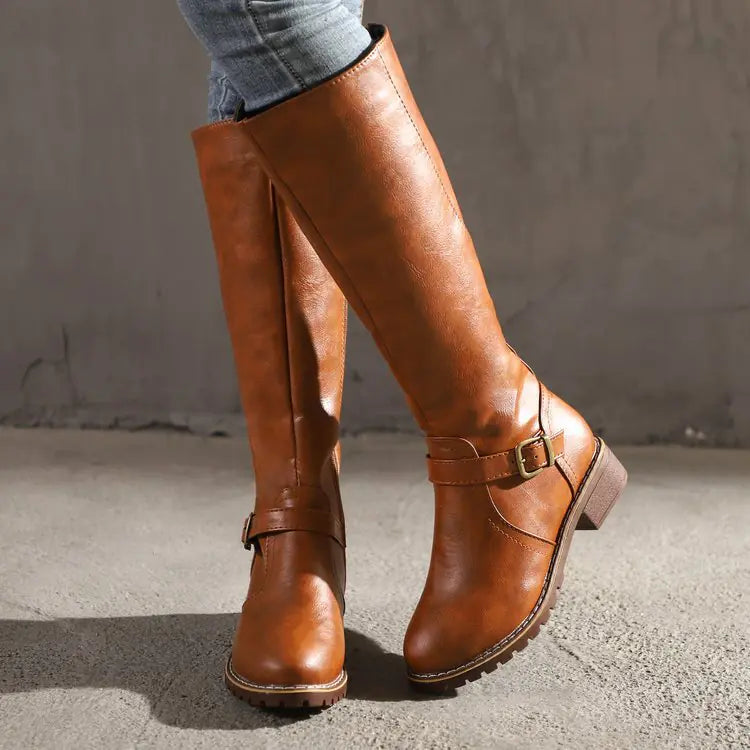 Women's Retro Knee-High Boots with Buckle and Low Block Heel - Image 9