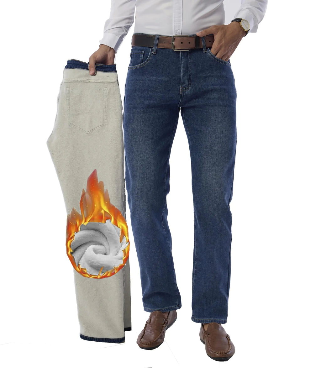 Fakanhui Mens Fleece Lined Jeans Winter Thermal Flannel Lined Jean Business Casual Dress Work Denim Jean Classic Blue