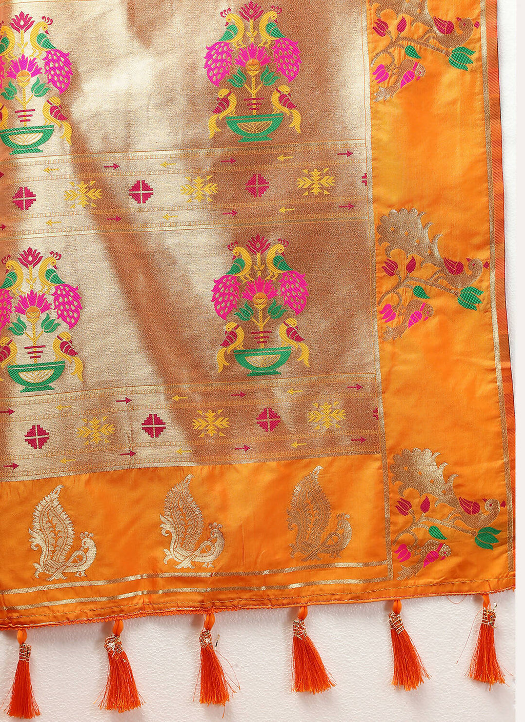Orange Soft Paithani Silk Saree with Gold Zari Meenakari